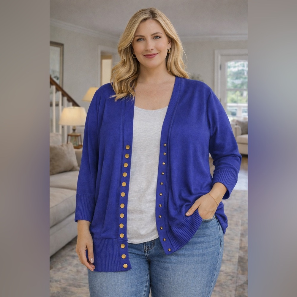 Elegant Royal Blue Cardigan with Gold Accents